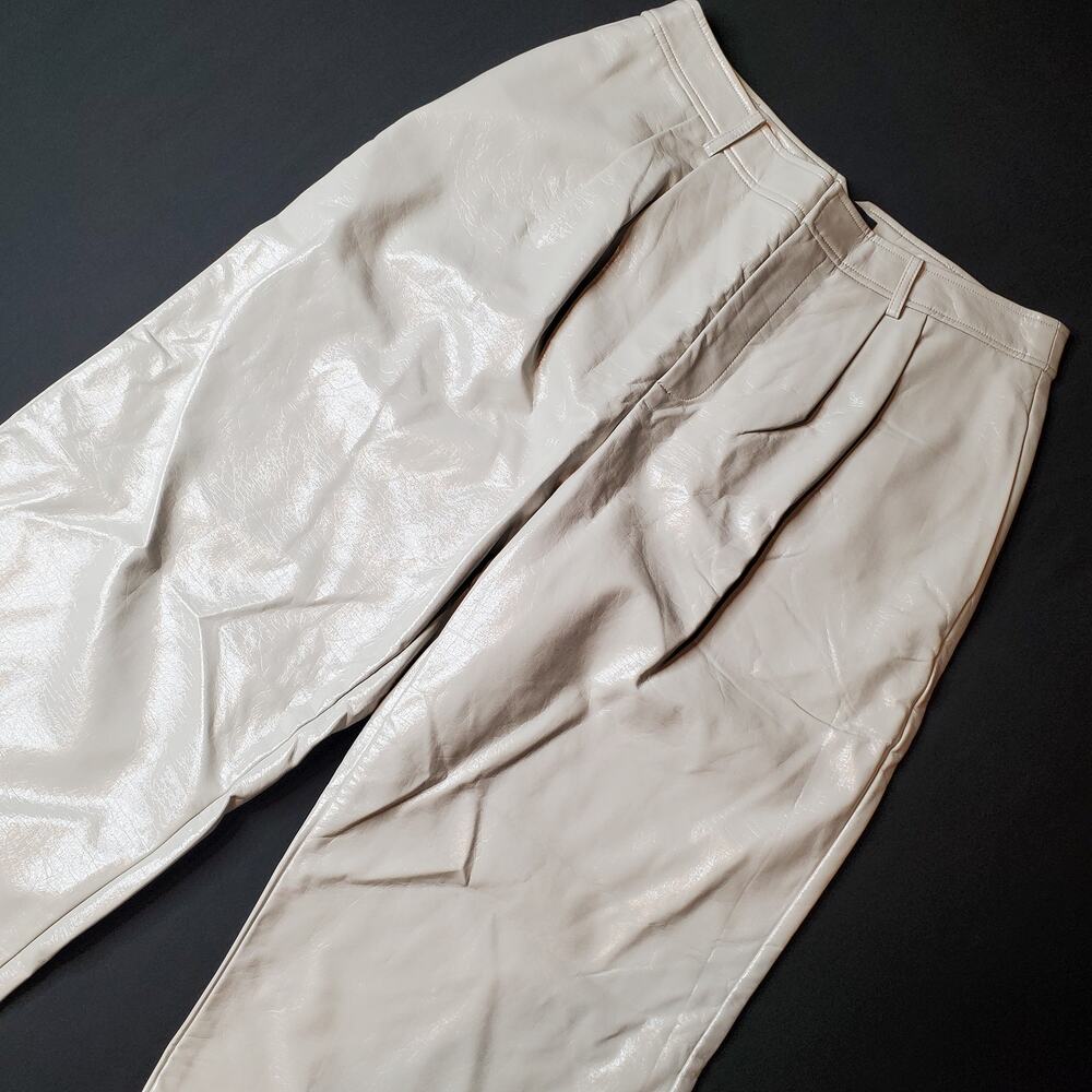 7 For All Mankind Women's Size L NWT Faux Leather Wide Leg Pants Beige 83143